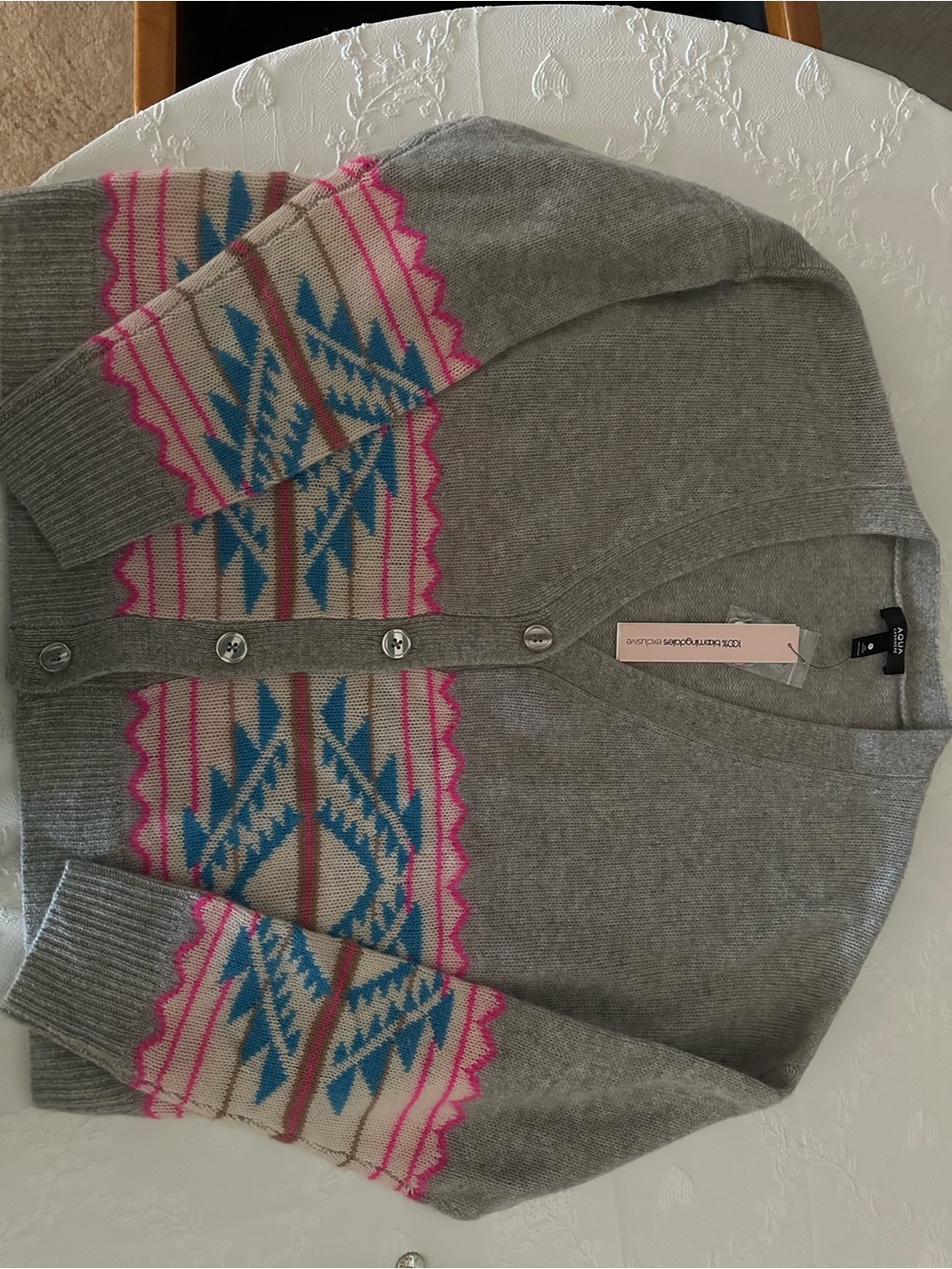 Aqua Gray Cardigan with Pink & Blue Fair Isle Pattern